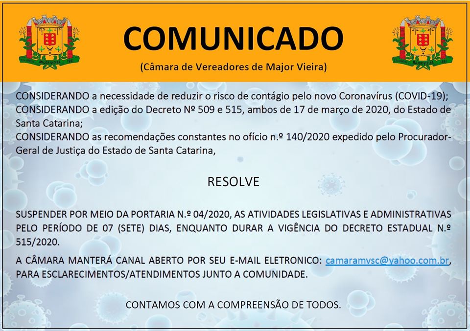 CÂMARA DE VEREADORES DE MAJOR VIEIRA (COMUNICADO - PREVENÇÃO CORONAVÍRUS)